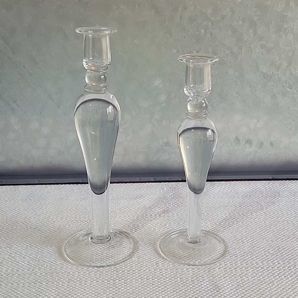 Beautiful vintage heavy glass candlesticks 10" and 11" for taper candles.